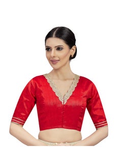 Studio Shringaar Studio Shringaar Women's Readymade Silky Elbow Length Sleeves Saree Blouse With Embroidered Neckline (Red, 38)  - Image 1