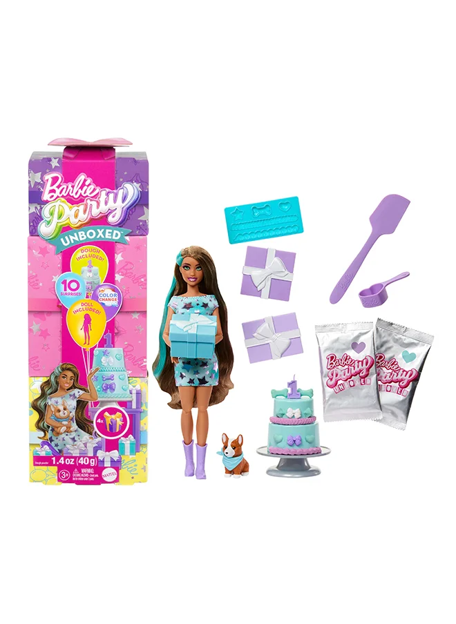 باربي Pet Birthday Series Party Stars Set with 10 Surprises Including Color Change & Cake-Decorating Activity, Party Unboxed Doll & Accessories