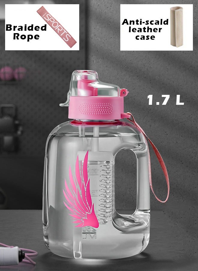 ZCM-HAPPY Large Capacity Fitness Sports Water Bottle with Tea Compartment, Straw, Scale and Handle, Includes Free Leather Case and Carrying Rope 1.7 Litter  - Image 1