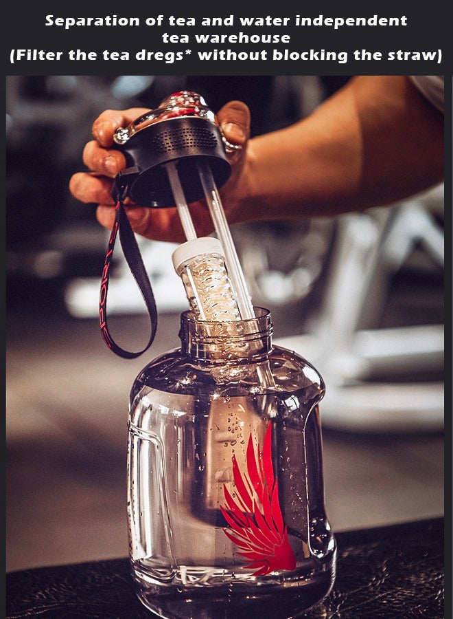 ZCM-HAPPY Large Capacity Fitness Sports Water Bottle with Tea Compartment, Straw, Scale and Handle, Includes Free Leather Case and Carrying Rope 1.7 Litter  - Image 2