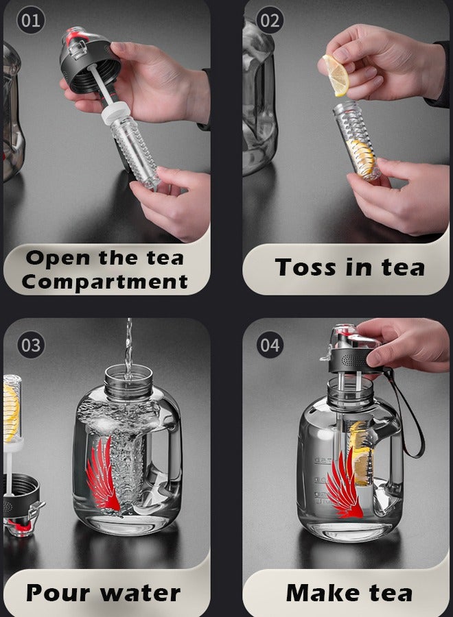 ZCM-HAPPY Large Capacity Fitness Sports Water Bottle with Tea Compartment, Straw, Scale and Handle, Includes Free Leather Case and Carrying Rope 1.7 Litter  - Image 3
