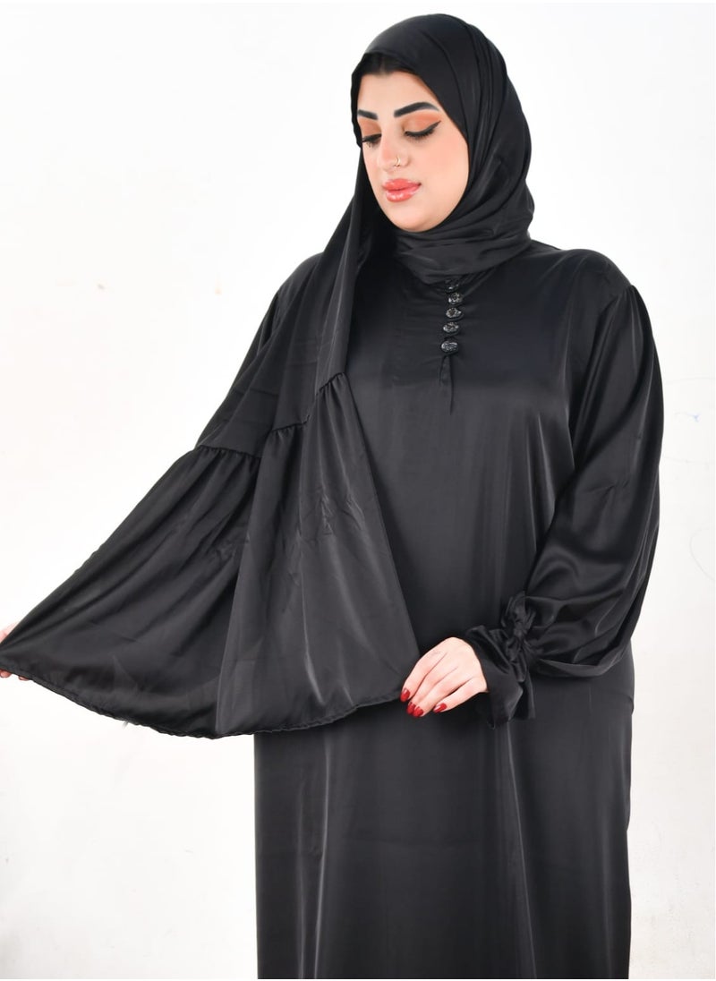 أرت لوك - عباية نسائية سادة من الستان - مع طرحه متصلة - تصميم مميز وانيق - Image 1