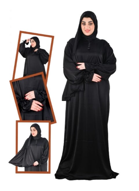 عباية نسائية سادة من الستان - مع طرحه متصلة - تصميم مميز وانيق