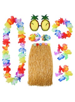 Elcoho Elcoho 8 Pieces Hawaiian Hula Grass Skirt Sunglasses Leis Necklace Bracelet Set  - Image 1