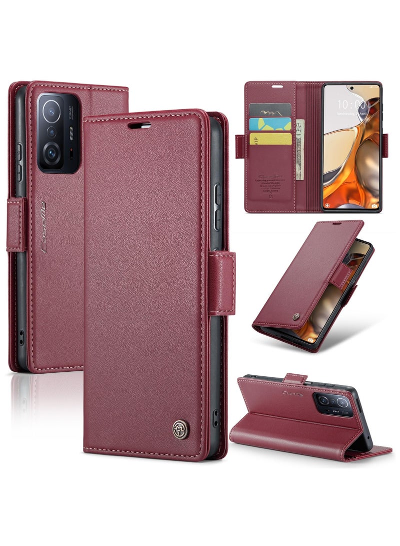CaseMe Phone Case Luxury PU Leather Design Anti Fingerprint 023 Flip Cover Card Slot Holder Cover For Mi 11T / 11T Pro (Red) - Image 1