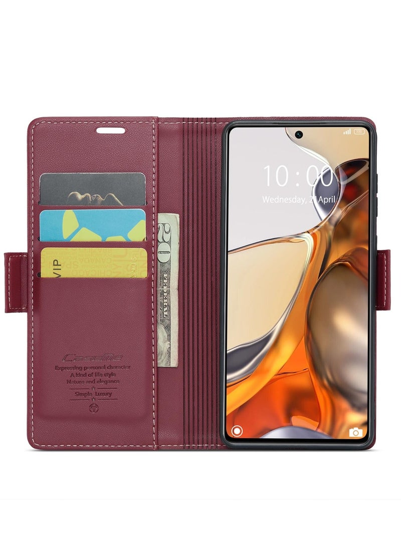 CaseMe Phone Case Luxury PU Leather Design Anti Fingerprint 023 Flip Cover Card Slot Holder Cover For Mi 11T / 11T Pro (Red) - Image 3