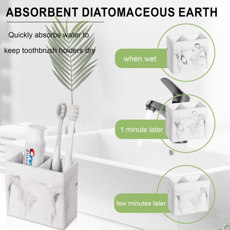 Heagoale Diatomite Toothbrush Holder 2 Slots Tooth Brush Holder for Bathroom, Kids Electric Toothbrush and Toothpaste Organizer for Countertop, Shower, Vanity, Marble White - Image 3