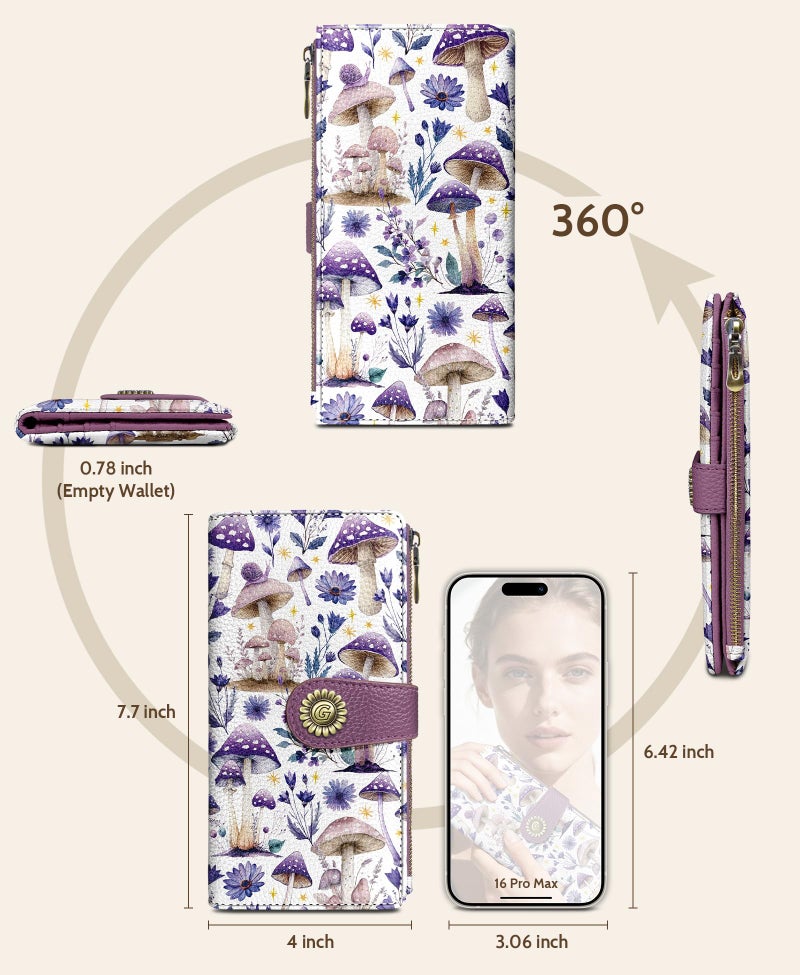 GIANCOMICS Mushroom Flower Womens Wallet RFID Blocking, Credit Card Holder Bifold, PU Leather Travel Billfold, Long Cute Cash Purse, Zipper Coin Pocket Clutch, 11 Card Slots, Ladies Gift Woman - Image 5