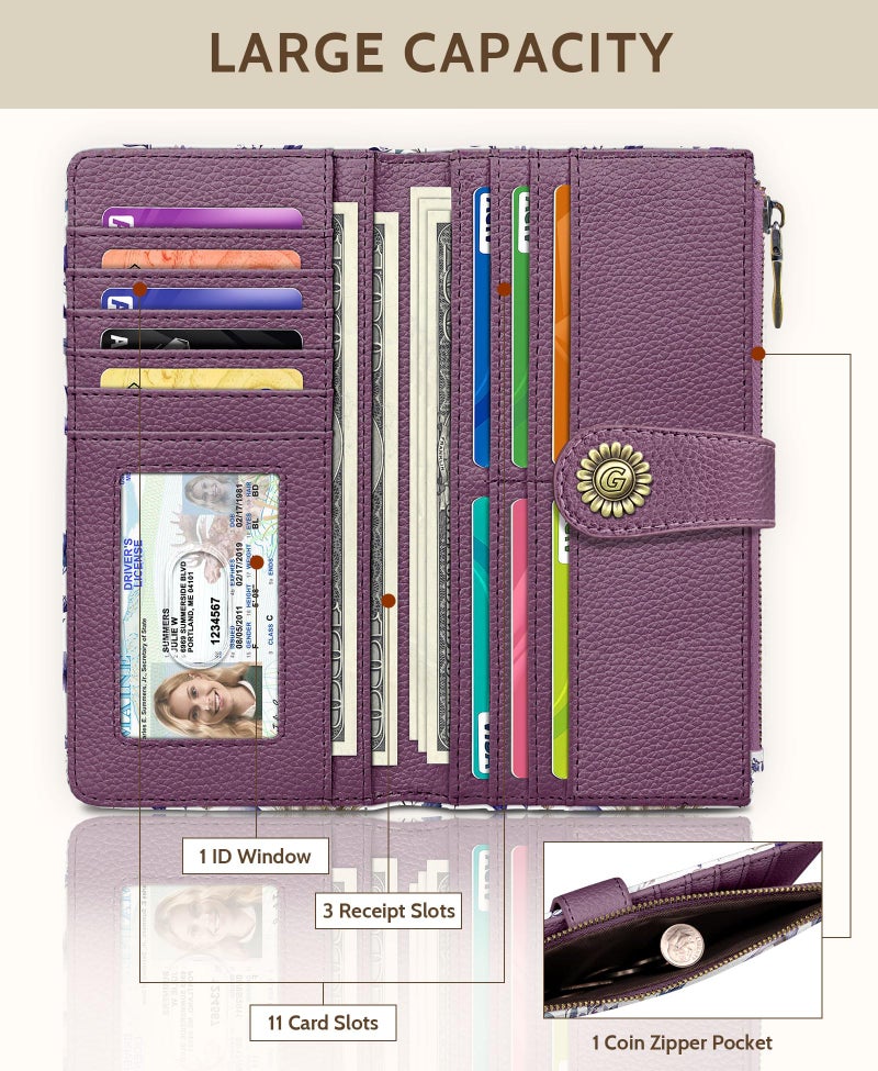 GIANCOMICS Mushroom Flower Womens Wallet RFID Blocking, Credit Card Holder Bifold, PU Leather Travel Billfold, Long Cute Cash Purse, Zipper Coin Pocket Clutch, 11 Card Slots, Ladies Gift Woman - Image 3