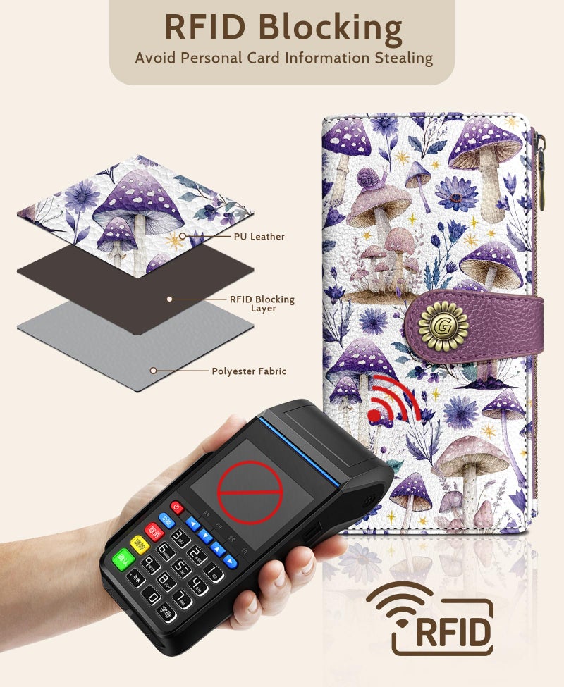 GIANCOMICS Mushroom Flower Womens Wallet RFID Blocking, Credit Card Holder Bifold, PU Leather Travel Billfold, Long Cute Cash Purse, Zipper Coin Pocket Clutch, 11 Card Slots, Ladies Gift Woman - Image 4