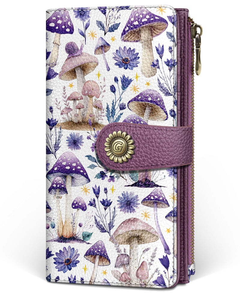 GIANCOMICS Mushroom Flower Womens Wallet RFID Blocking, Credit Card Holder Bifold, PU Leather Travel Billfold, Long Cute Cash Purse, Zipper Coin Pocket Clutch, 11 Card Slots, Ladies Gift Woman - Image 1