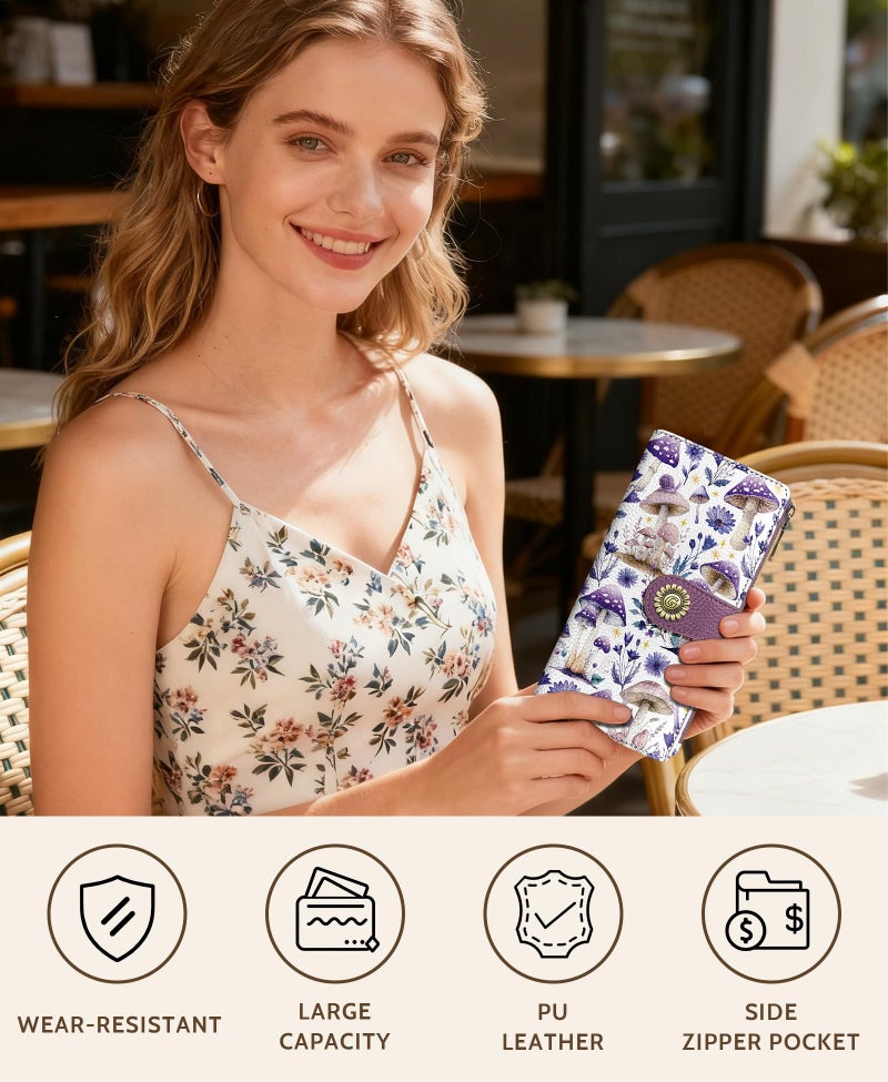 GIANCOMICS Mushroom Flower Womens Wallet RFID Blocking, Credit Card Holder Bifold, PU Leather Travel Billfold, Long Cute Cash Purse, Zipper Coin Pocket Clutch, 11 Card Slots, Ladies Gift Woman - Image 2