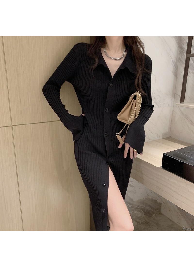 Autumn Winter Knit Dress Slimming Elegance Yellow