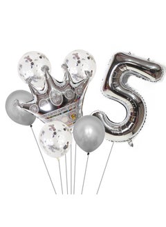 Party 8-piece set for 5th birthday party anniversary decoration party supplies including silver number 5 balloons, silver crown foil balloon set, 12-inch sequin balloons, 12-inch silver balloons 