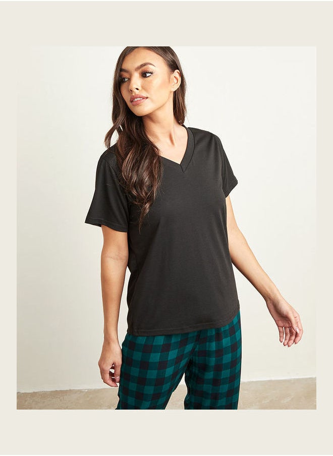 Styli - Solid V Neck Tshirt and Checked Print Pyjama Set - Image 1