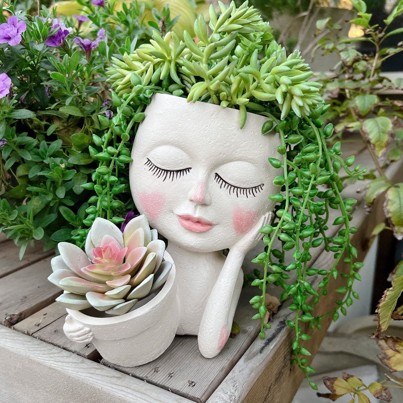 ASDFG Face Plant Pot  Double Flower Pots for Indoor Outdoor Plants Resin Head Planter with Drainage Hole Cute Lady Face Plant Pots Garden Decoration Planters Medium
