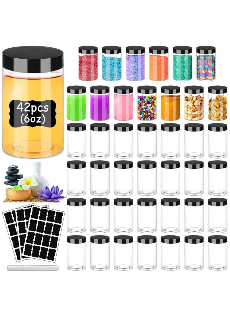 Hajoyful Plastic Jars with Lids 6OZ 42PCS,Small Cosmetic Slime Containers Clear Travel Round Jars Empty Refillable Sample Containers Leak Proof Pot with Black Lids for Lotion, Cream, Body Scrub 