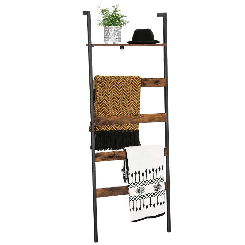 VASAGLE VASAGLE Blanket Ladder WallLeaning Rack with Storage Shelf for Blankets Quilt Towels Scarves Steel Frame Industrial Style Rustic Brown and Black ULLS012B01