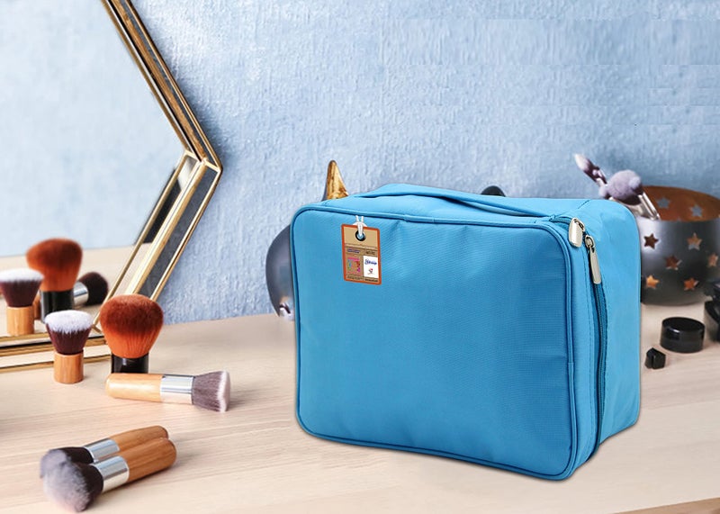 atorakushon Fabric Adjustable Cosmetic Bag Makeup Pouch Jewellery Vanity Box Travel Storage Organizer Household Grooming Kit for Women (Sky Blue) - Image 2