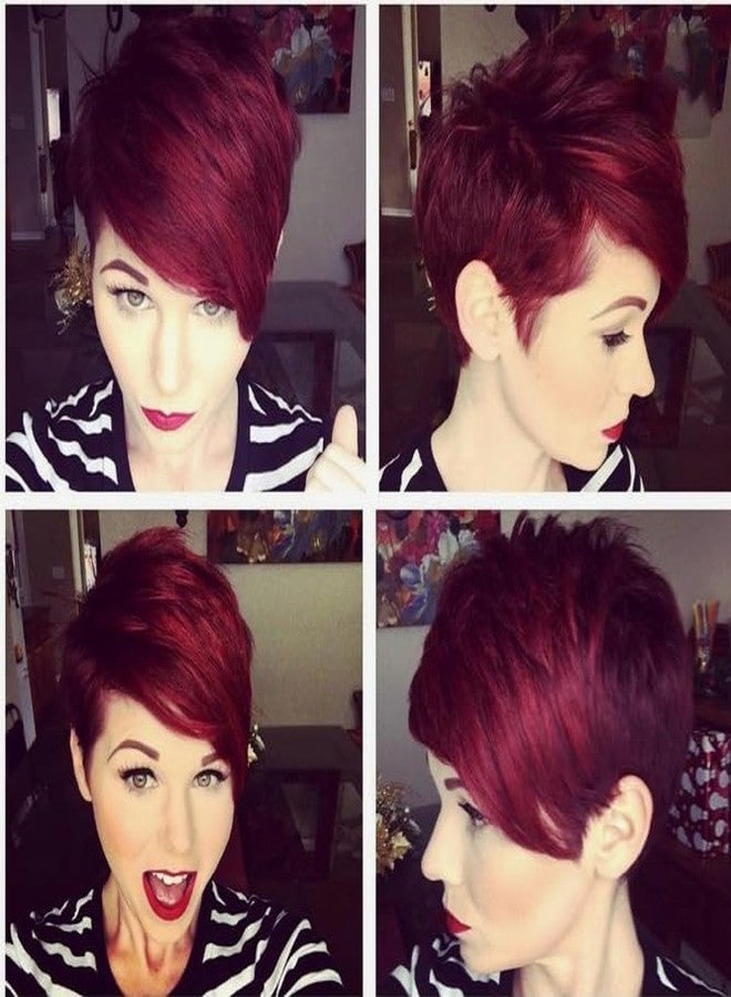 HOTKIS Pixie Cut Wigs Human Hair with Side Bangs 1B/99J Short Wigs for Black Women Black Burgundy Two Tone Natural Straight Short Pixie Wigs Human Hair Glueless Brazilian Hair Side Part Bob Wig - Image 3
