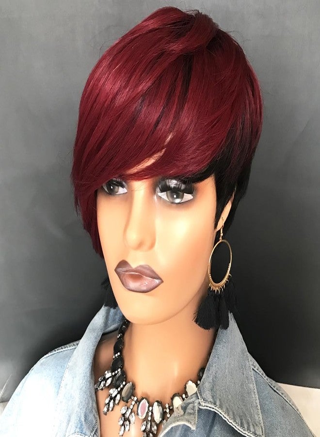HOTKIS Pixie Cut Wigs Human Hair with Side Bangs 1B/99J Short Wigs for Black Women Black Burgundy Two Tone Natural Straight Short Pixie Wigs Human Hair Glueless Brazilian Hair Side Part Bob Wig - Image 5