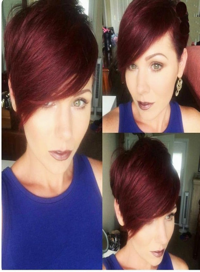 HOTKIS Pixie Cut Wigs Human Hair with Side Bangs 1B/99J Short Wigs for Black Women Black Burgundy Two Tone Natural Straight Short Pixie Wigs Human Hair Glueless Brazilian Hair Side Part Bob Wig - Image 1