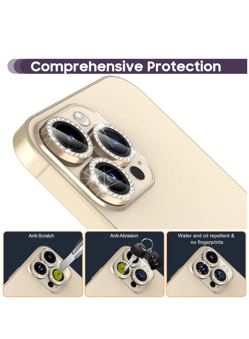 Camera Lens Protector, Set with Diamonds Bling Camera Cover Tempered Glass for iPhone 14 Pro Max /14 Pro [Perfectly Fit] - Diamond Gold  - Image 5