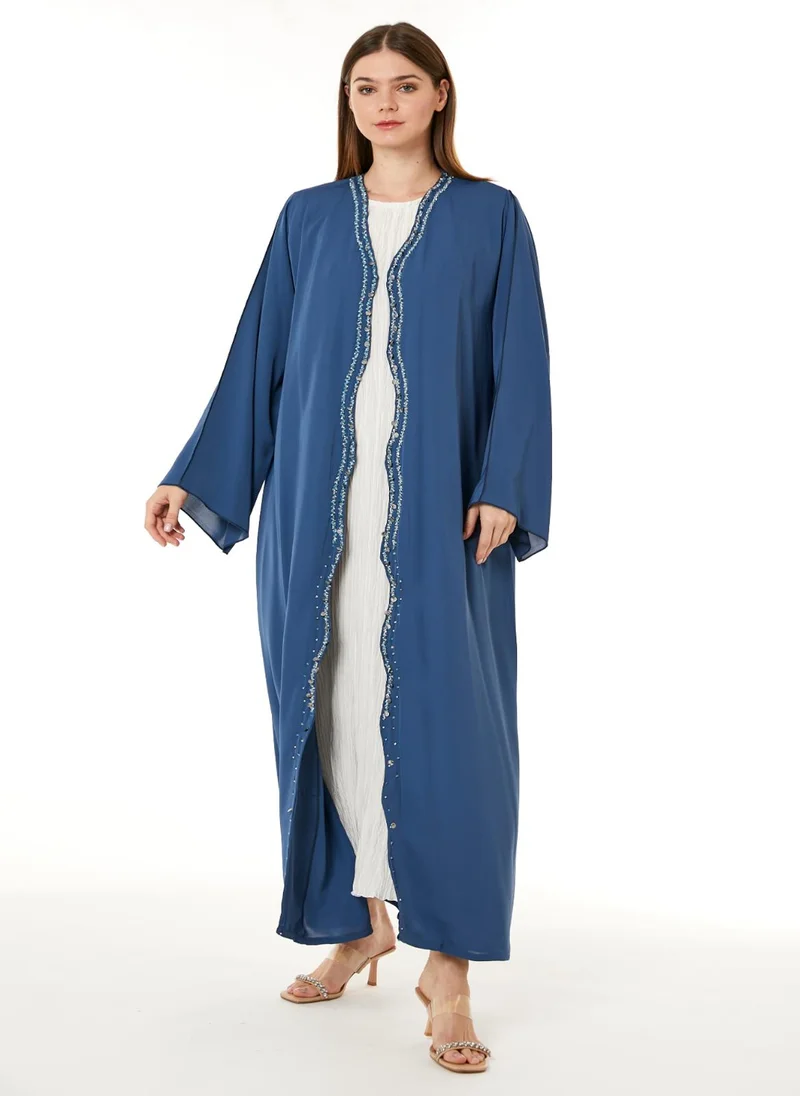 Moistreet  Dark Blue Korean Nida Hand Embellished Abaya for Women | Best Price UAE