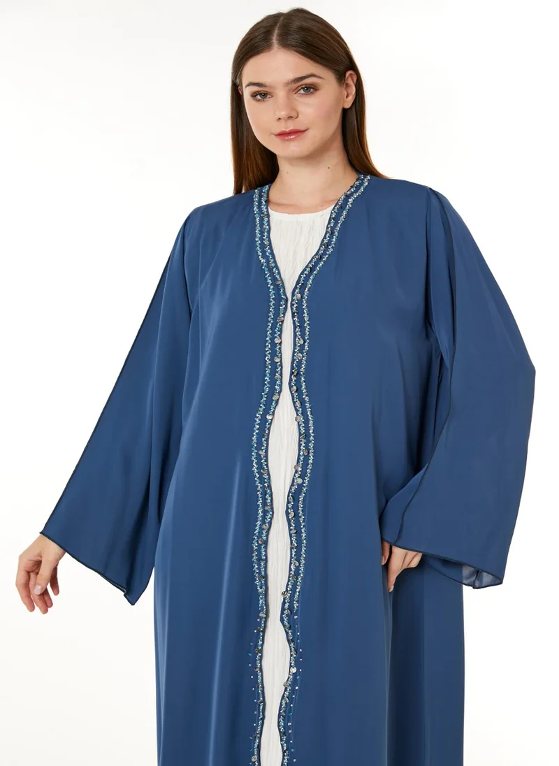 Moistreet  Dark Blue Korean Nida Hand Embellished Abaya for Women | Best Price UAE