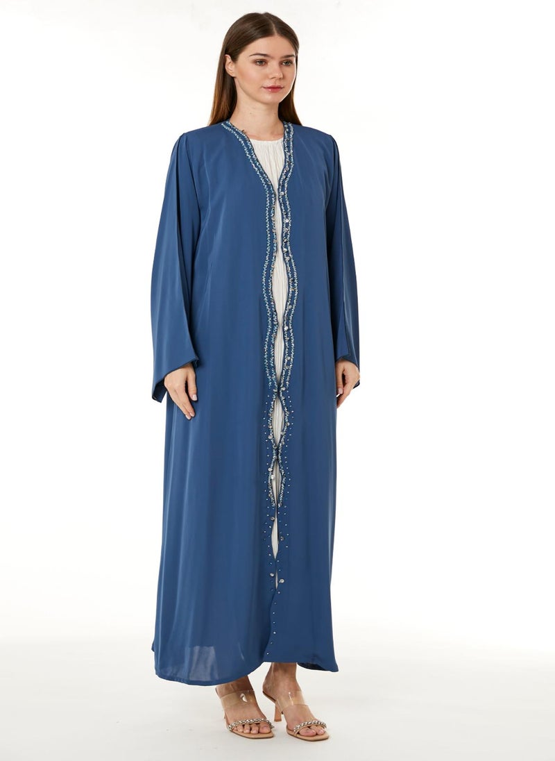 Moistreet Dark Blue Korean Nida Hand Embellished Abaya - Image 2