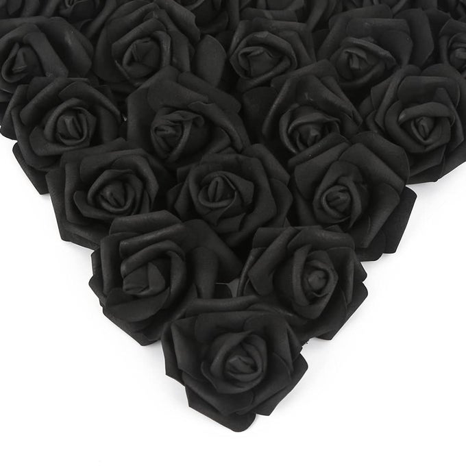 Artificial Rose Flower Heads 100 Pcs Real Looking Black Foam Fake Roses for DIY Wedding Baby Shower Centerpieces Arrangements Party Tables Home Decorations Black Stemless