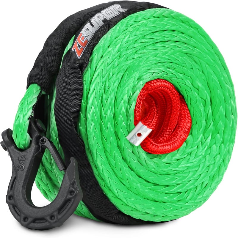 ESUPER 3/8" x 100ft Synthetic Winch Rope Dyneema 12 Strand Winch Cable Car Tow Recovery Cable Winch Line Recovery Kit Winch Replacement Cable 26500 lbs for 4WD Off Road Vehicle Truck SUV Jeep(Green) - Image 1