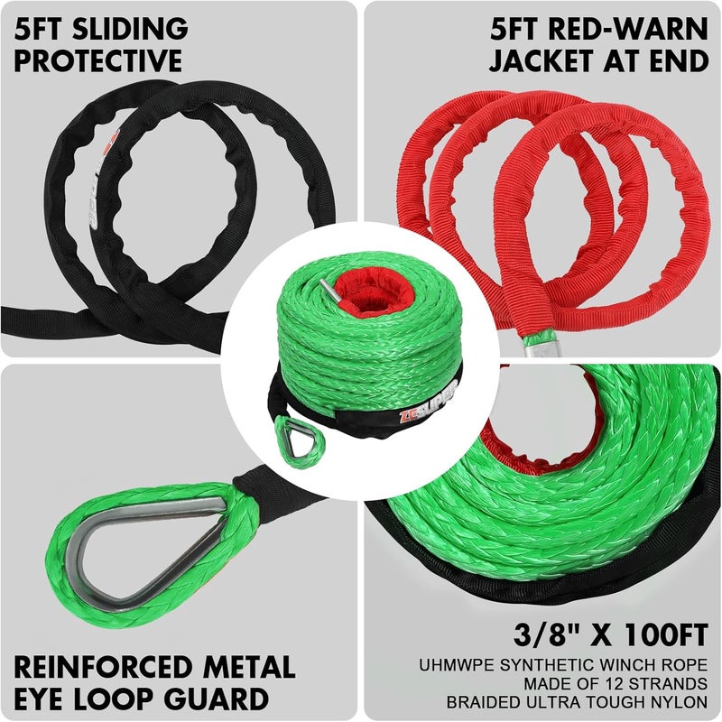 ESUPER 3/8" x 100ft Synthetic Winch Rope Dyneema 12 Strand Winch Cable Car Tow Recovery Cable Winch Line Recovery Kit Winch Replacement Cable 26500 lbs for 4WD Off Road Vehicle Truck SUV Jeep(Green) - Image 5