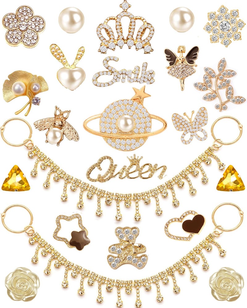 Putthipong 24Pcs Bling Gold Jewelry Shoe Charms Designer Decoration Rhinestone Chain Pearl Gems Rhinestone Luxury Accessories for Women Girls Party Favors Birthday Gifts (Gold) - Image 1
