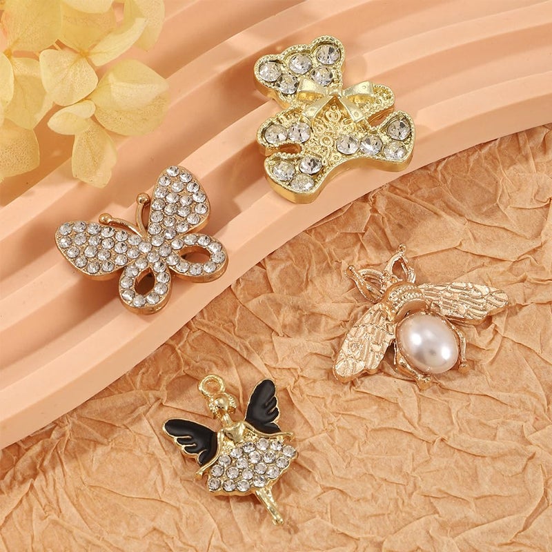 Putthipong 24Pcs Bling Gold Jewelry Shoe Charms Designer Decoration Rhinestone Chain Pearl Gems Rhinestone Luxury Accessories for Women Girls Party Favors Birthday Gifts (Gold) - Image 2