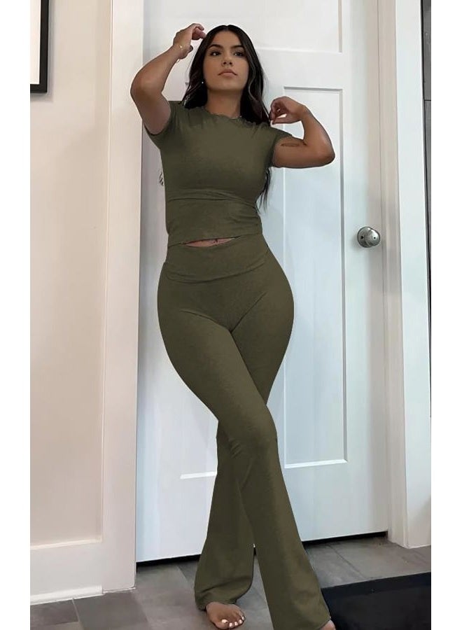 ZFLM Casual Workout Two Piece Outfits for Women Short Sleeve Crop High Waist Foldover Flare Pants Tracksuit Sets Streetwear, Mocha, M - Image 5