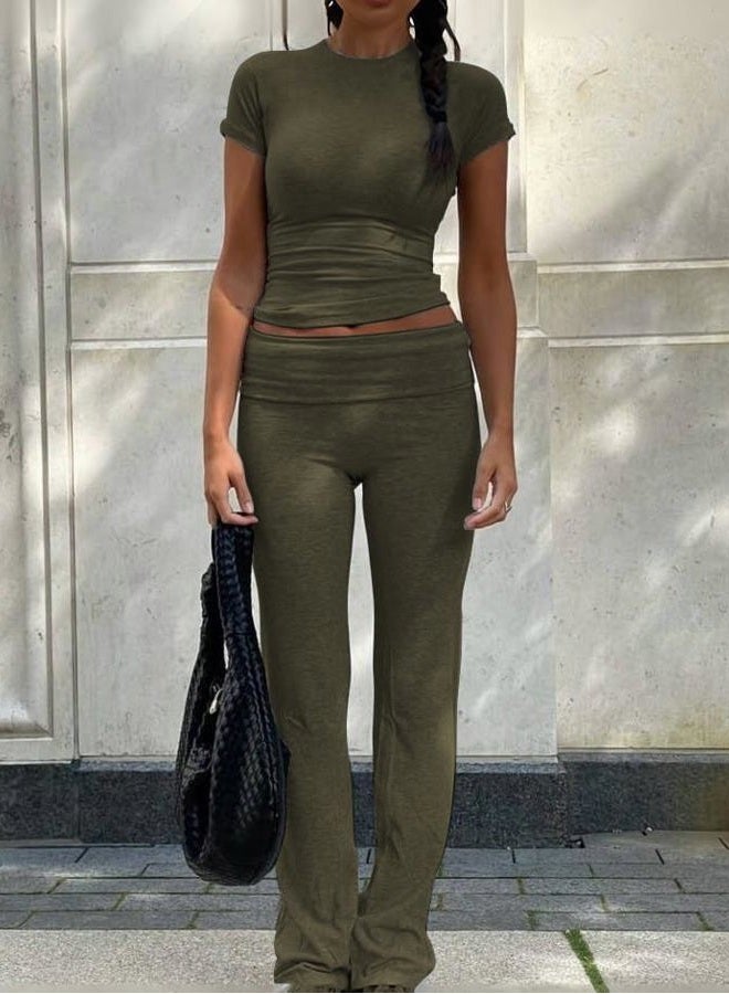 ZFLM Casual Workout Two Piece Outfits for Women Short Sleeve Crop High Waist Foldover Flare Pants Tracksuit Sets Streetwear, Mocha, M - Image 3