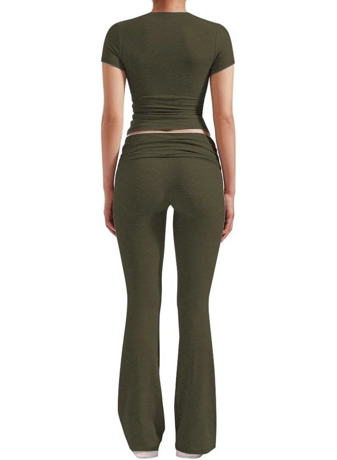 ZFLM Casual Workout Two Piece Outfits for Women Short Sleeve Crop High Waist Foldover Flare Pants Tracksuit Sets Streetwear, Mocha, M - Image 4