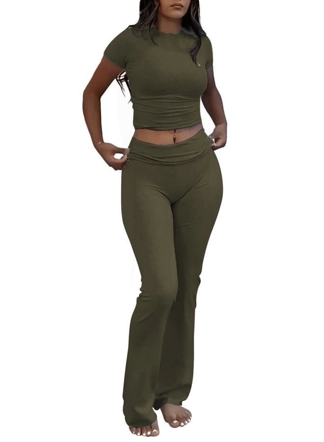 ZFLM Casual Workout Two Piece Outfits for Women Short Sleeve Crop High Waist Foldover Flare Pants Tracksuit Sets Streetwear, Mocha, M - Image 1