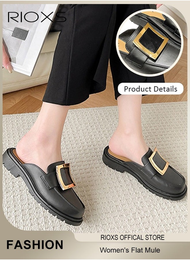 RIOXS - Women's Mule,Square Toe Leather Slip-on Backless Mule Shoes,Fashion Black Flat Mules With Square Gold Metal Buckle Decor,Thick-soled Mules For Women,Comfortable Ladies Mule Slippers,Easy to Wear On and Off - Image 1