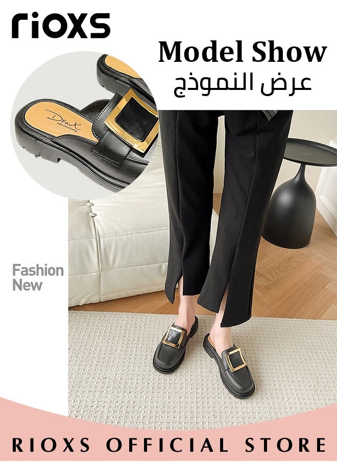 RIOXS - Women's Mule,Square Toe Leather Slip-on Backless Mule Shoes,Fashion Black Flat Mules With Square Gold Metal Buckle Decor,Thick-soled Mules For Women,Comfortable Ladies Mule Slippers,Easy to Wear On and Off - Image 1
