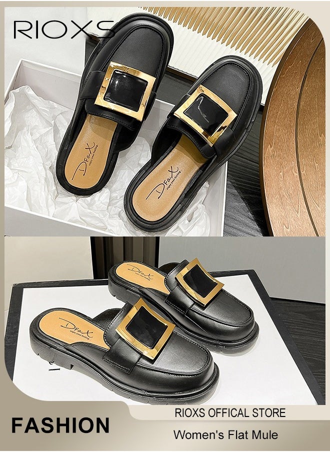 RIOXS - Women's Mule,Square Toe Leather Slip-on Backless Mule Shoes,Fashion Black Flat Mules With Square Gold Metal Buckle Decor,Thick-soled Mules For Women,Comfortable Ladies Mule Slippers,Easy to Wear On and Off - Image 1