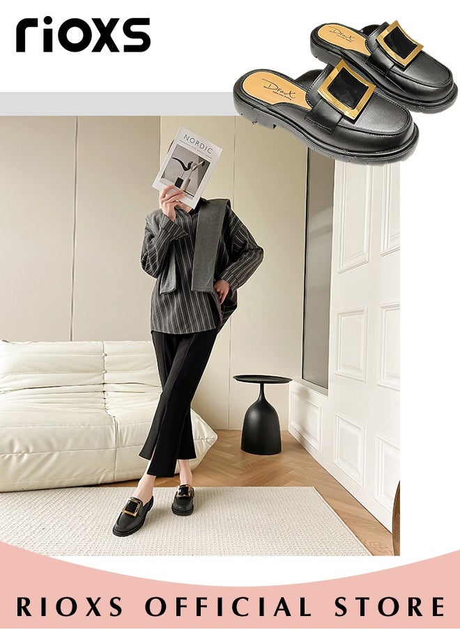 RIOXS - Women's Mule,Square Toe Leather Slip-on Backless Mule Shoes,Fashion Black Flat Mules With Square Gold Metal Buckle Decor,Thick-soled Mules For Women,Comfortable Ladies Mule Slippers,Easy to Wear On and Off - Image 1