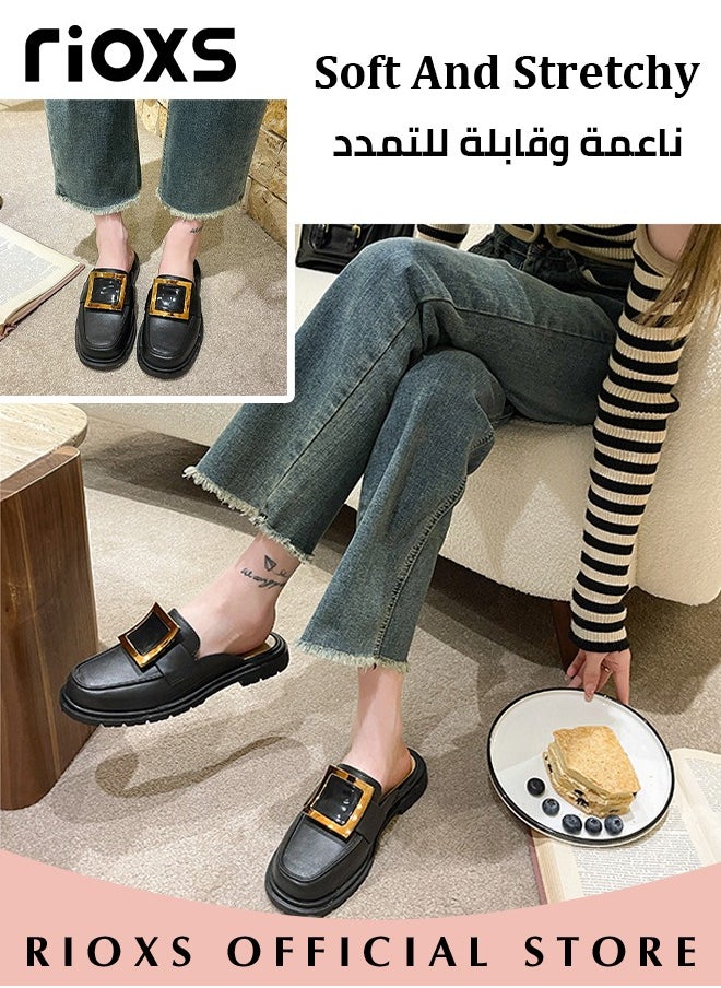 RIOXS - Women's Mule,Square Toe Leather Slip-on Backless Mule Shoes,Fashion Black Flat Mules With Square Gold Metal Buckle Decor,Thick-soled Mules For Women,Comfortable Ladies Mule Slippers,Easy to Wear On and Off - Image 1