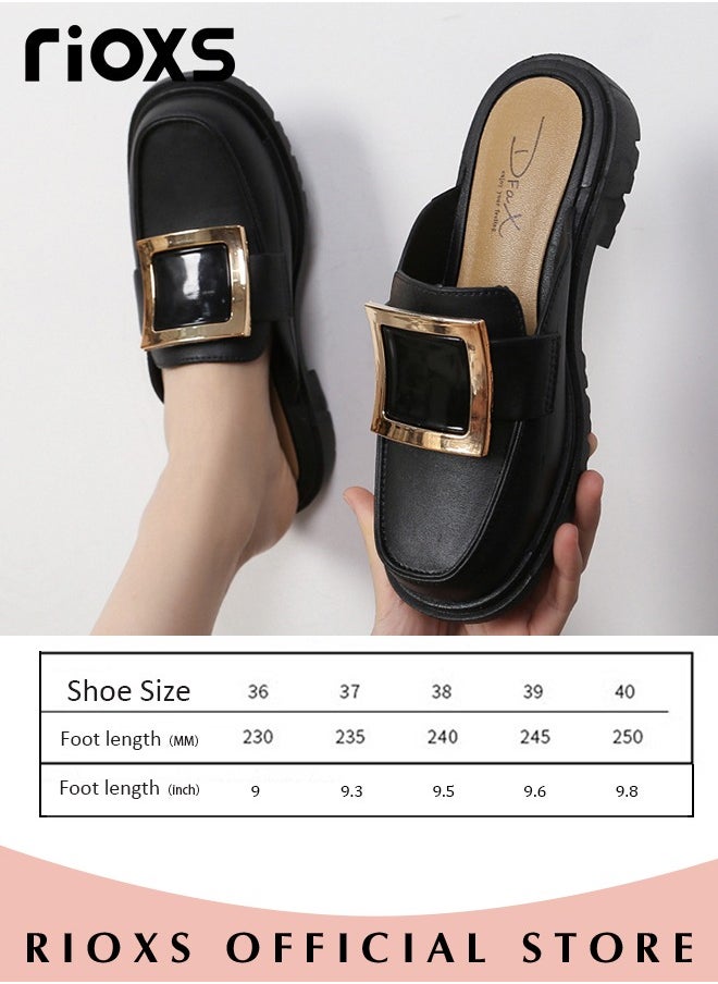 RIOXS - Women's Mule,Square Toe Leather Slip-on Backless Mule Shoes,Fashion Black Flat Mules With Square Gold Metal Buckle Decor,Thick-soled Mules For Women,Comfortable Ladies Mule Slippers,Easy to Wear On and Off - Image 1