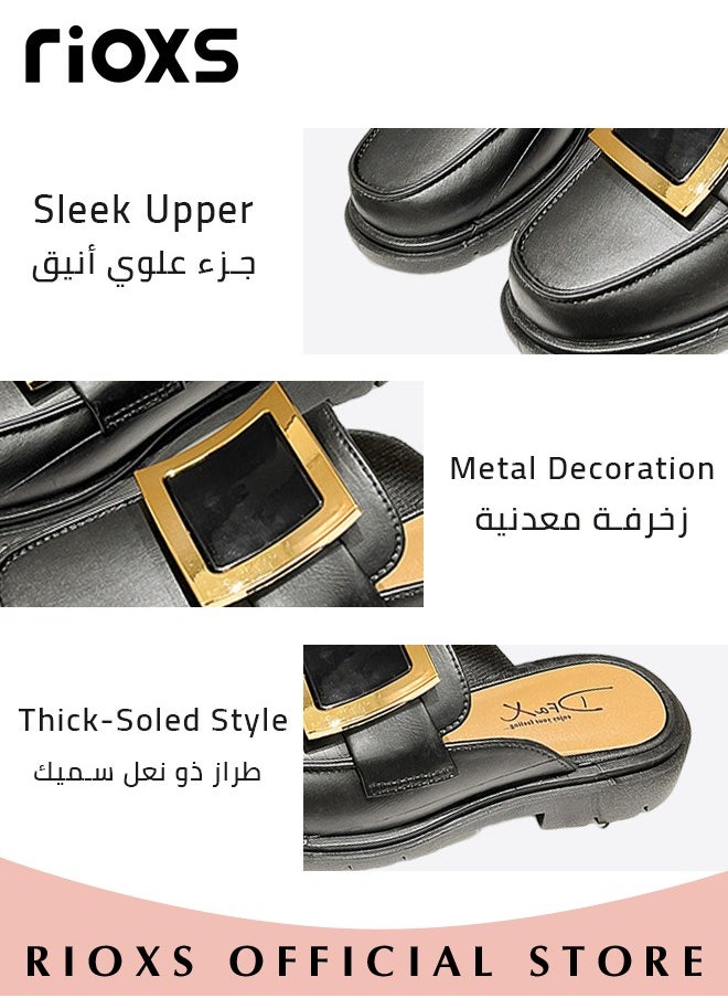 RIOXS - Women's Mule,Square Toe Leather Slip-on Backless Mule Shoes,Fashion Black Flat Mules With Square Gold Metal Buckle Decor,Thick-soled Mules For Women,Comfortable Ladies Mule Slippers,Easy to Wear On and Off - Image 1