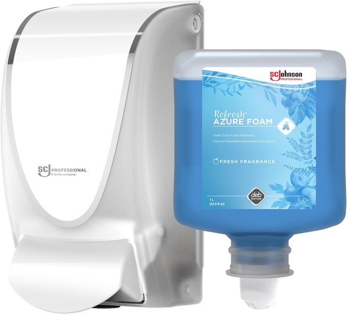 AZURE FOAM DISPENSER AND REFILL STARTER KIT, WALL MOUNT SOAP DISPENSER FOR HAND SOAP, 1 REFRESH AZURE FOAM HAND WASH, 1 LITER CARTRIDGE, 33.8 FL. OZ., FOR PROFESSIONAL USE ONLY