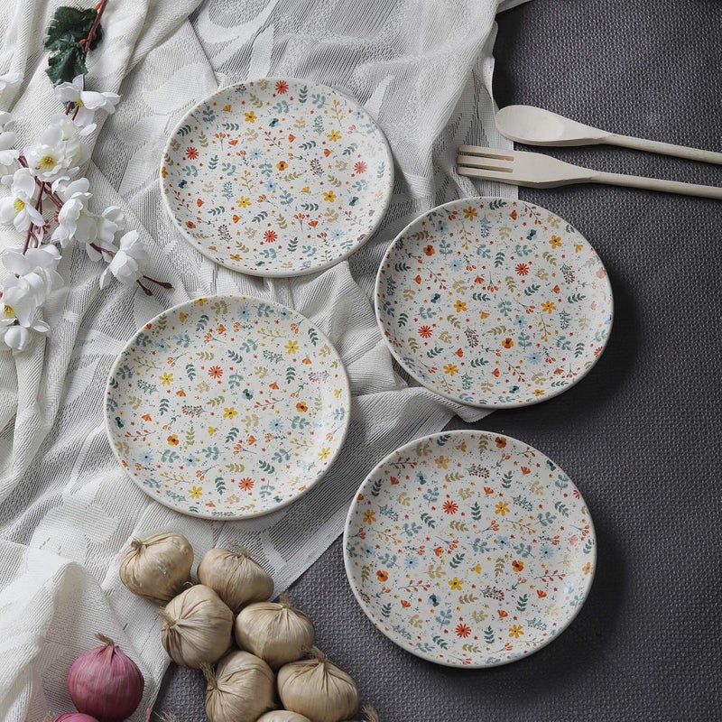 miah decor Miah Dcor Handcrafted CeramicStoneware Dinner Plates SetPack of 4 Multicolour Matte Floral DesignDia10 MicrowaveOvenFreezer Safe Dishware Safe MD260AF - Image 1