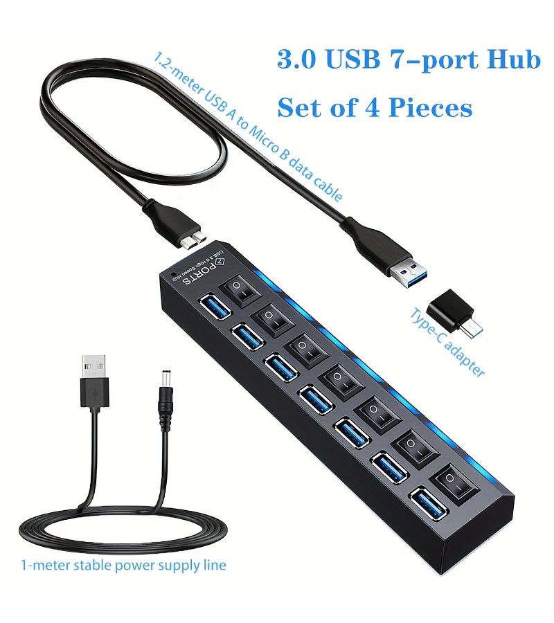 موزع USB 3.0 بـ 7 منافذ مع 4 عبوات ومفاتيح مستقلة ومؤشرات LED - Image 1