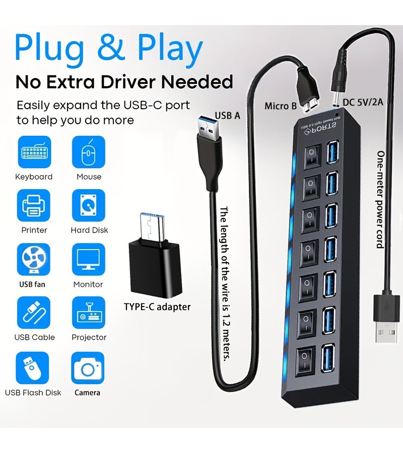 موزع USB 3.0 بـ 7 منافذ مع 4 عبوات ومفاتيح مستقلة ومؤشرات LED - Image 4
